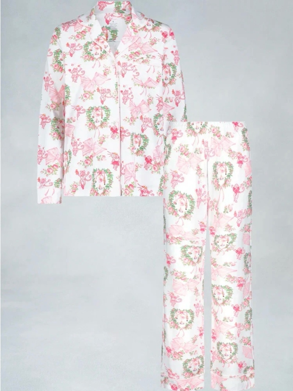 LoveShackFancy Pink Holiday Cherub Bow Pajama Set